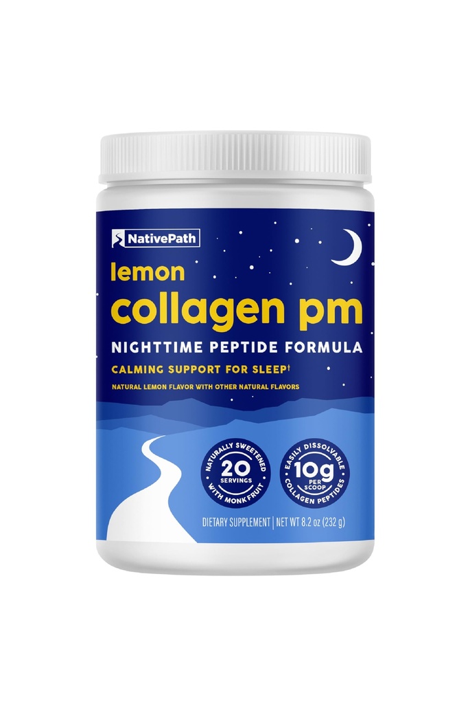 NativePath Collagen PM - Lemon Nighttime Collagen Peptides Poudre avec Magnésium, GABA, L-Theanine et Melatonine - 20 portions