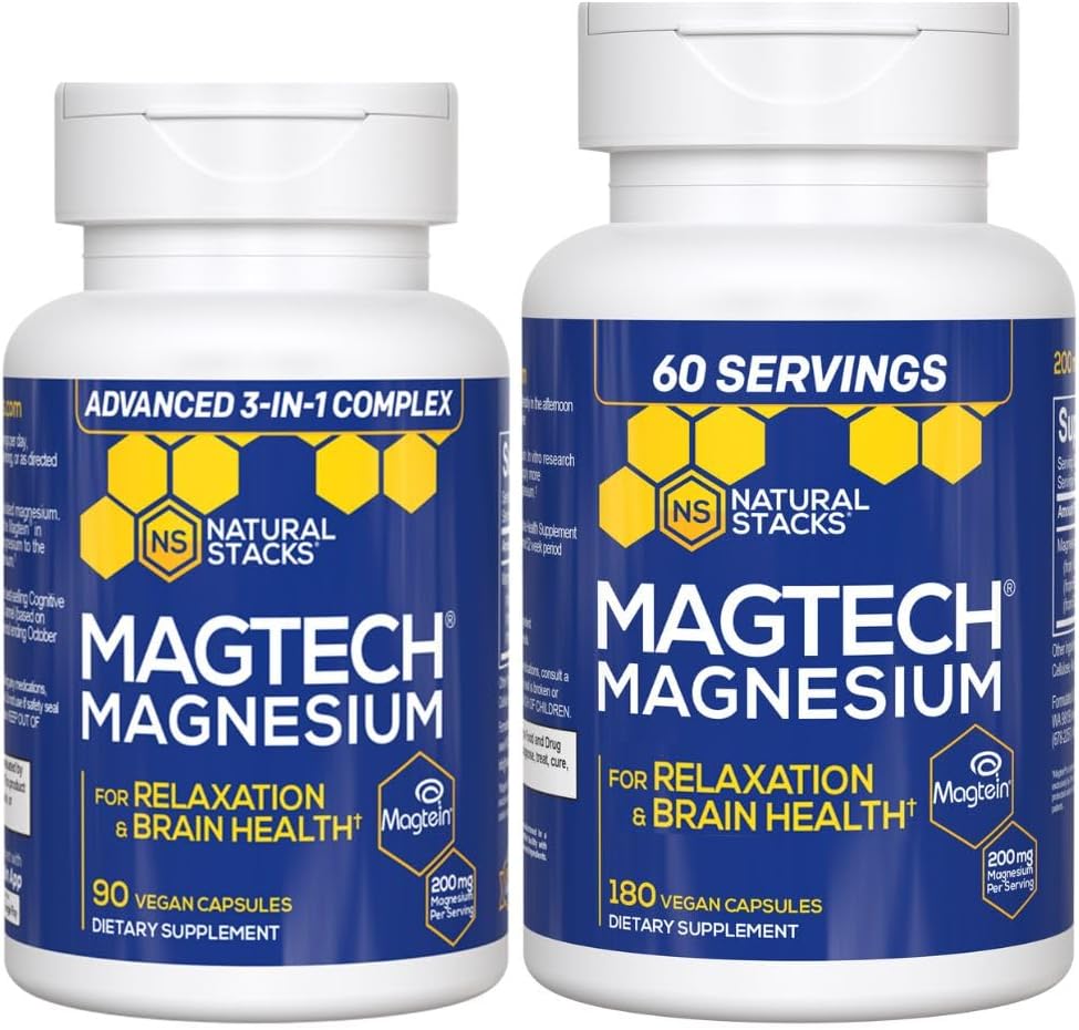 Natural Stacks Magtech Magnesium Value Bundle - 3 Formen von Magnesium - Mit Magtein L-Threonate - Unterstützt Entspannung und Gehirngesundheit* - 270 Gesamtkapseln
