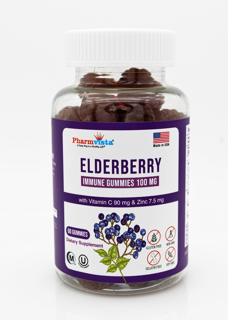 Gummie di sambuco 100mg con vitamina C e zinco - Supporto immunitario, Gummie senza glutine con 7% Anthoycyanin - 60 Conte