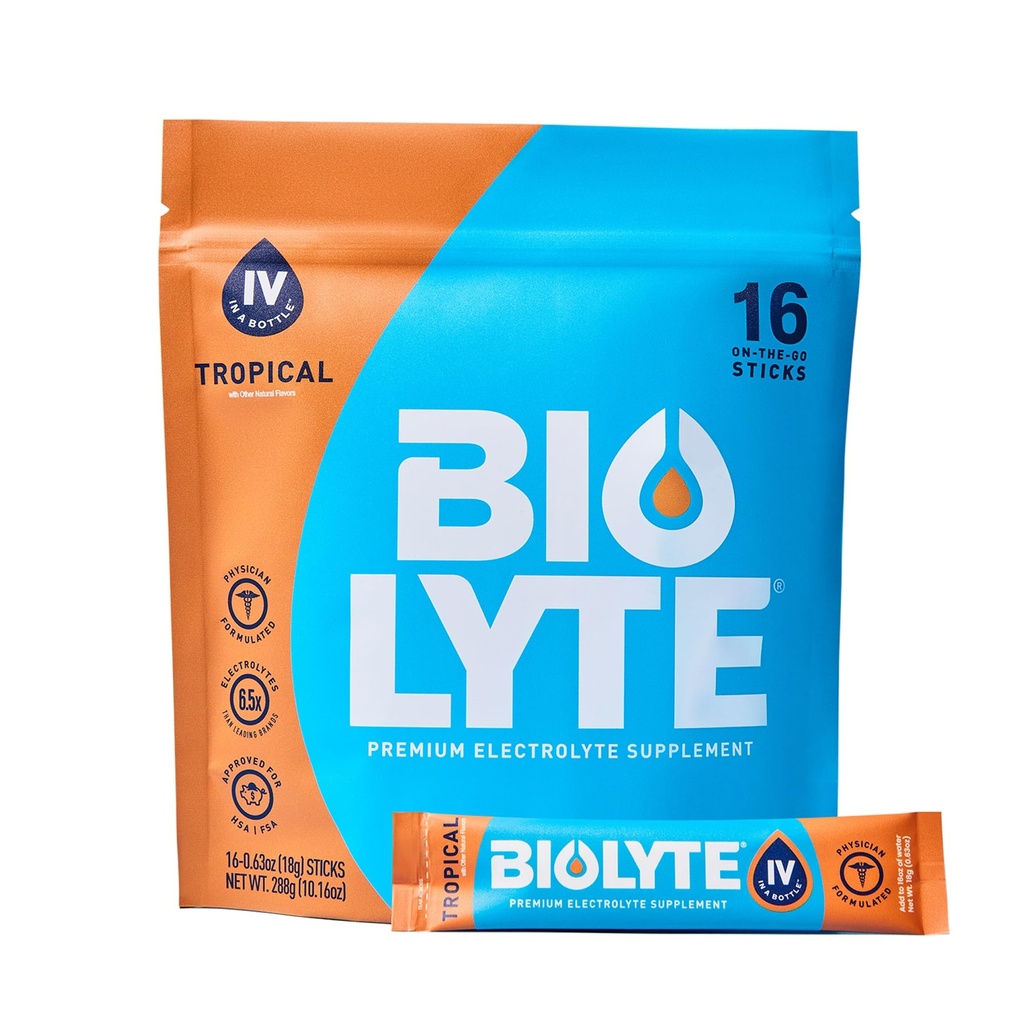 BIOLYTE IV Elektrolyt-Pulver-Packets, IV Flüssigkeits-Getränk-Mix für Wasser, Doctor-Developed Hydration, HSA & FSA genehmigt Dehydration Relief, Chemotherapie muss für Frauen und Männer - Tropical (16 Sticks)