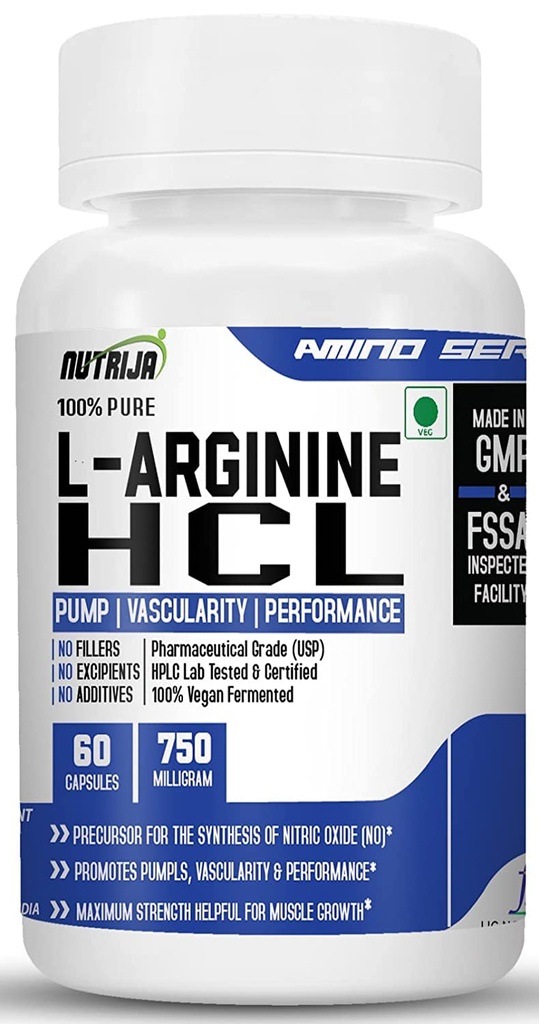 NutriJa L-Arginine HCL Capsules - Highest Bioavailability Form of L-Arginine | Maximum Strength, Nitric Oxide Precursor (120 Capsules)