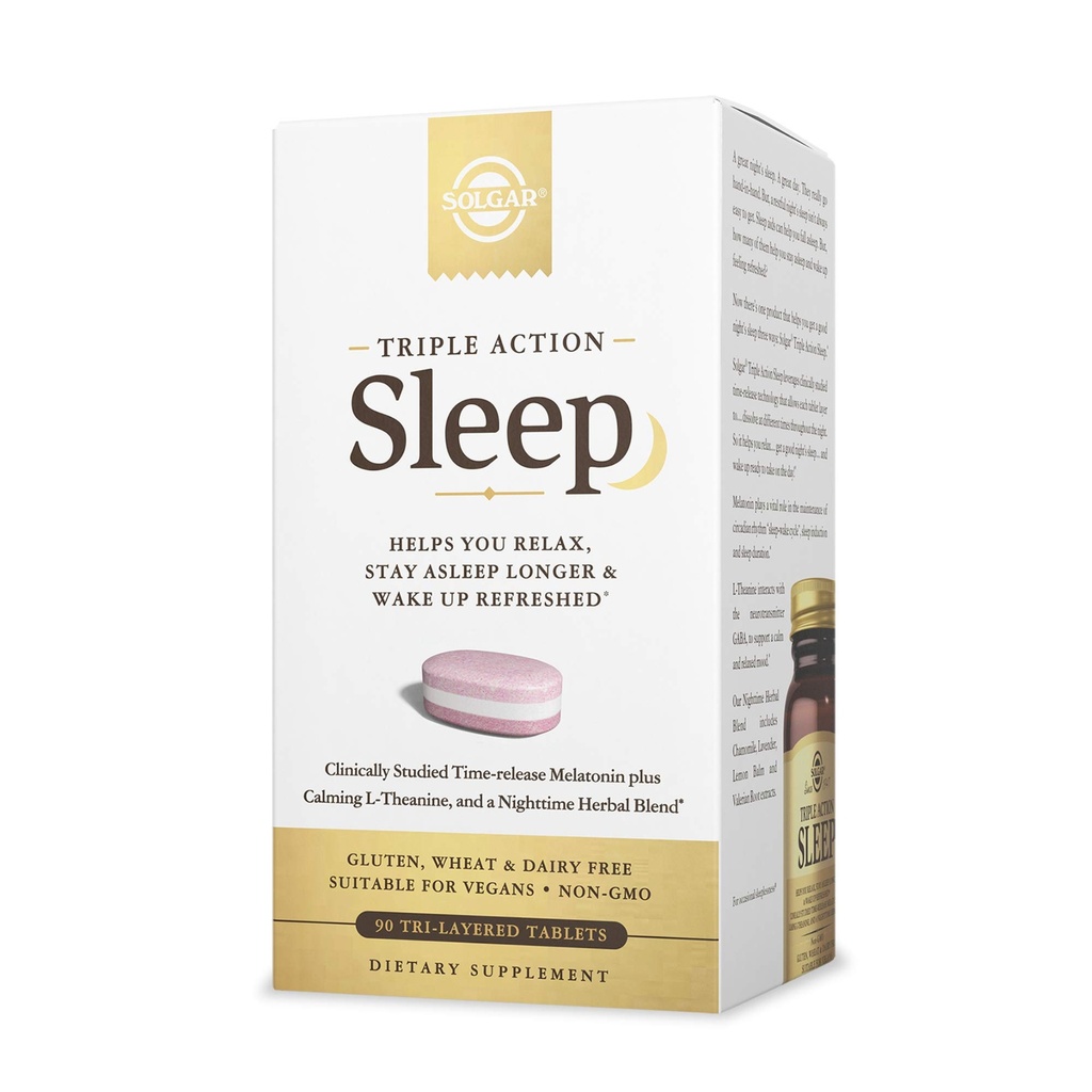 Solgar Triple Action Sleep, 90 Comprimés Tri-Layer - Melatonine et L-Theanine Plus Mélange à base de plantes - vous aide à vous détendre - Non-OGM, sans gluten - 90 portions
