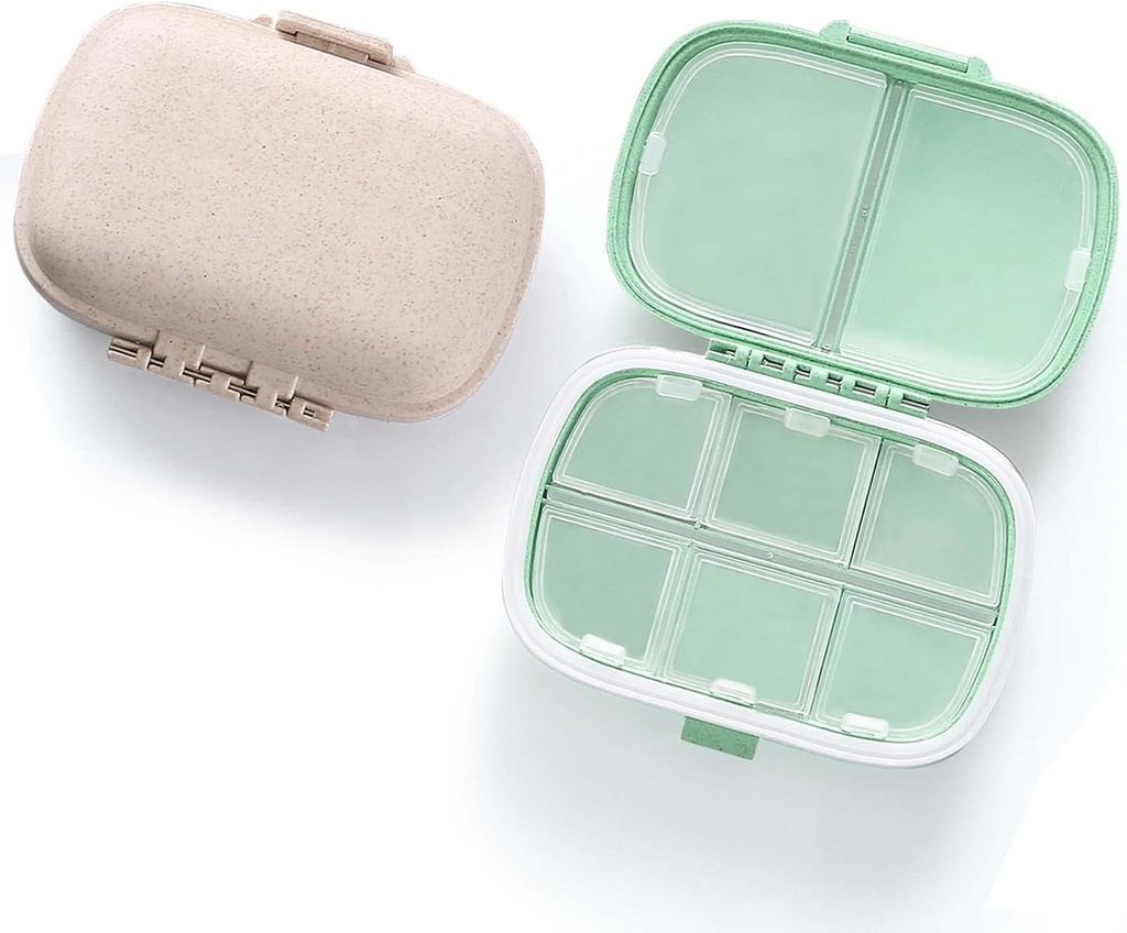 MEACOLIA 2 Pack 8 scomparti Organizzatore di Pillole da viaggio Box Moisture Proof Piccolo caso di Pillola per Pocket Purse Daily Pill Holder Container per la Vitamina di Medicina (Cyan & Khaki)
