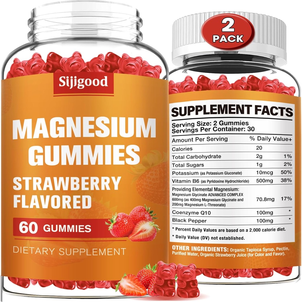2 Pack hohe Absorption Magnesium Glycinat-Gummien, Magnesium-Gummien für Frauen, Männer und Kinder, fördert gesunde Entspannung, zzZ, Muskel, Knochen & Energie