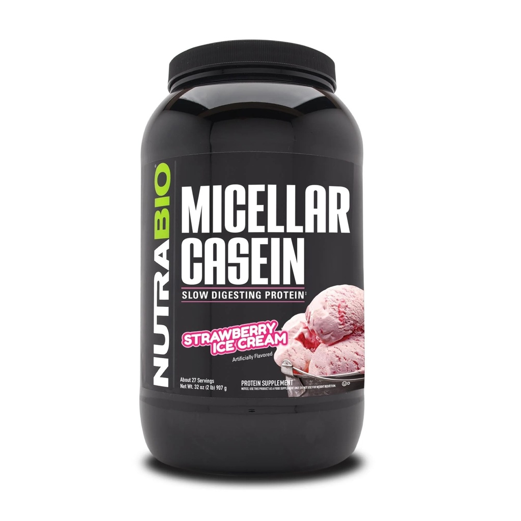NutraBio Casein Protein Pulver, Micellar Casien Pulver, 25g langsames Digesting Protein, Hilft, halten Sie voll, Übernacht Muskel Erholung & Wachstum, BCAA & EAA, Glutenfrei, Sojafrei, 2lb Erdbeere Eiscreme