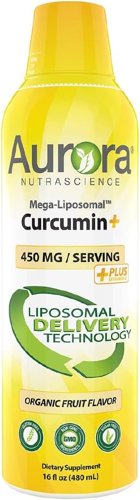 Aurora Nutrascience Mega-Liposomal Curcumin+ Vitamin C with CurcuVail, Supports Healthy Joints, Muscles, GI Tract, and Brain Function, Organic, Non-GMO, 32 Servings, 16 fl oz