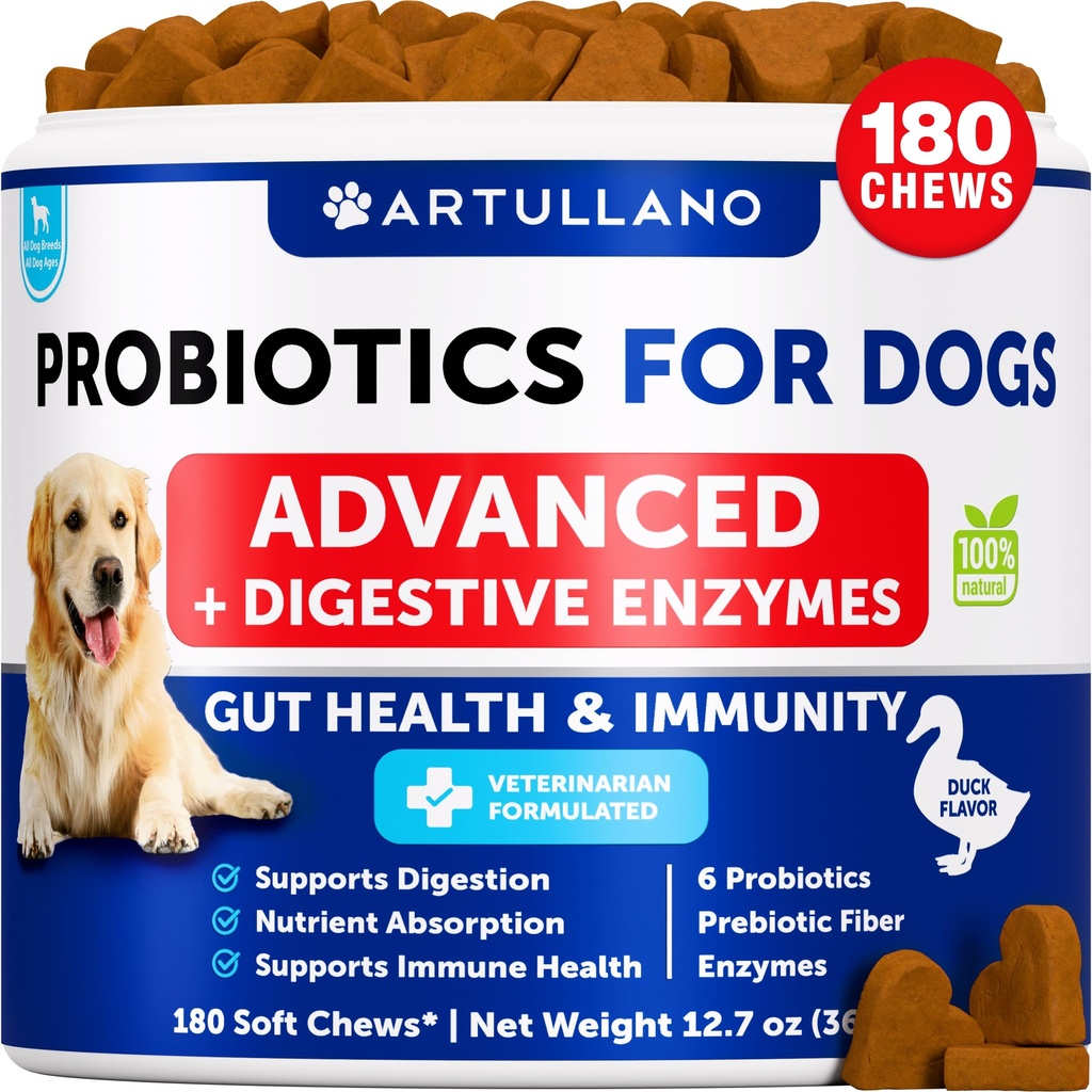 Probiotika für Hunde - Unterstützung Gut Gesundheit, juckende Haut, Allergien, Immunität, Hefe Balance - Hundeprobiotika und Verdauungsenzyme mit Präbiotika - Reduzieren Sie Durchfall, Gas - 180 Probiotika für Hunde
