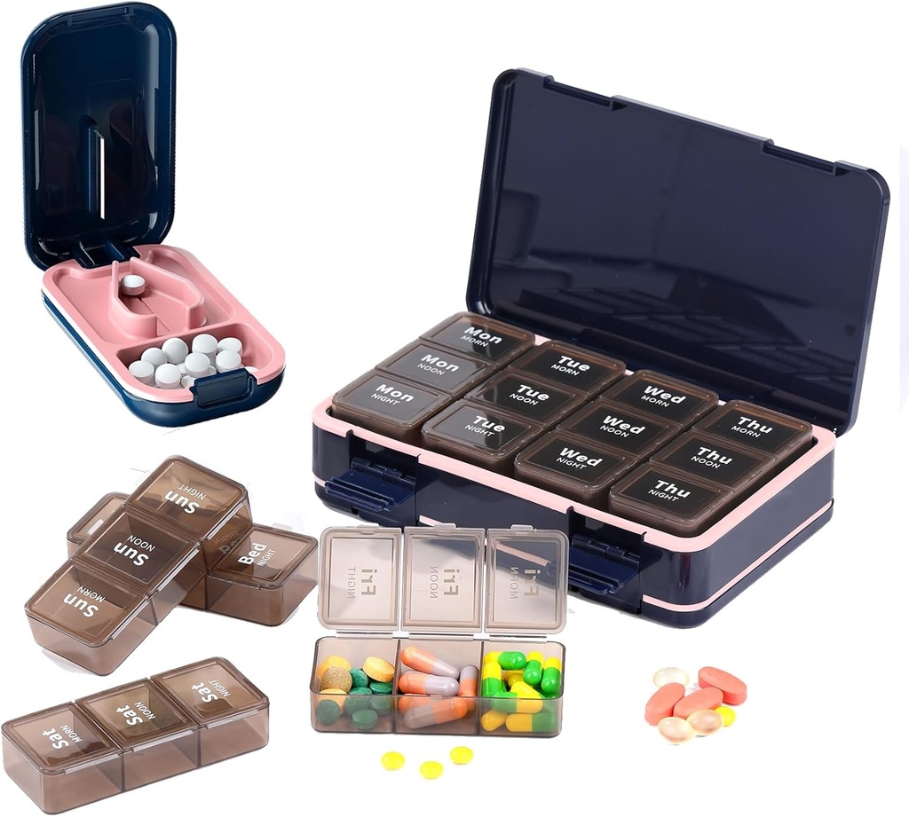 Pill Cutter+Pill Organizer, Pill Splitter Pill Cutter pour les petites ou grandes pilules, Pill Box 7 Day Medicine 3 fois par jour, Portable Pill Crusher & Pill Case pour Purse Pocket