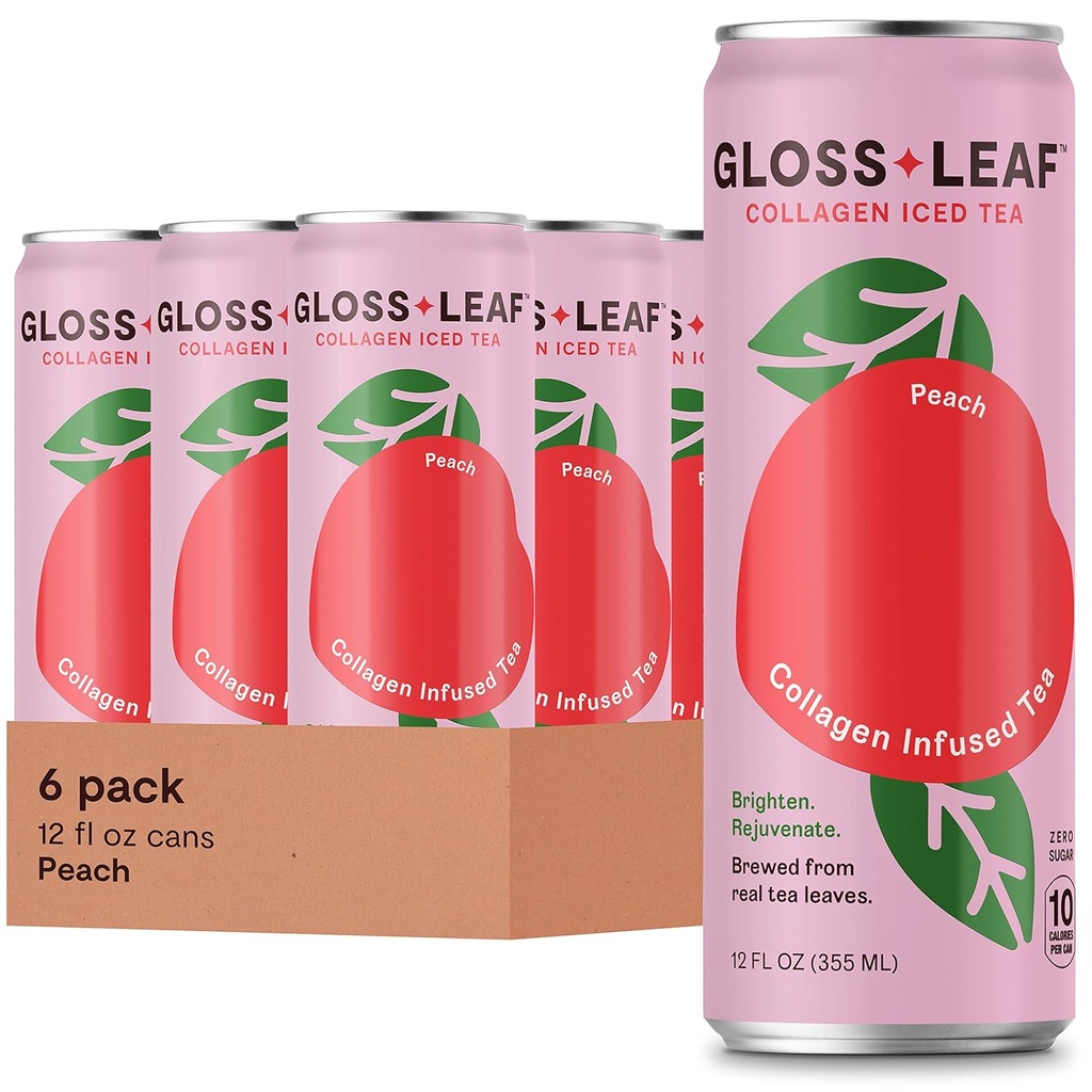 Gloss Blatt Collagen Iced Tea (Zero-Sugar, Peach): Schwarzer Tee mit Collagen Peptides Protein & Vitamin C, Beauty & Anti-Aging, 12 Fl Oz, 6 Pack