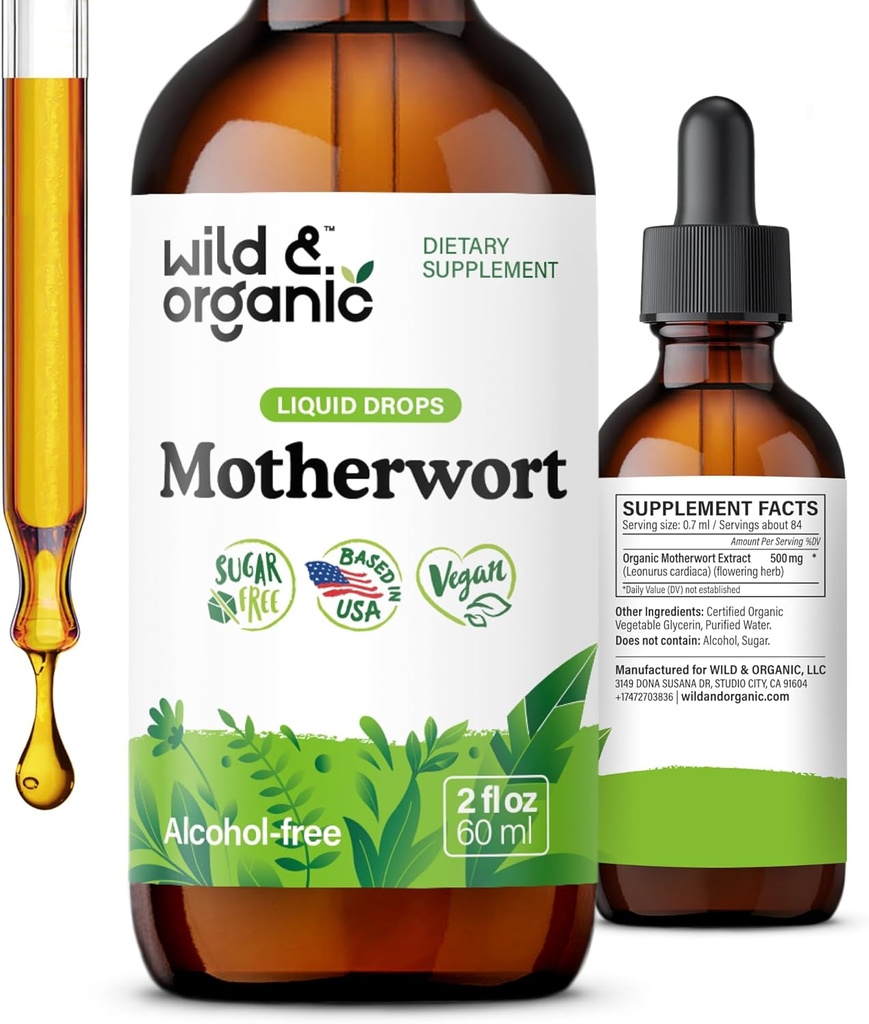Wild & Organic Motherwort Tincture - Buono Mood, Calma, Supporto per le donne - Gocce di estratto di erba madre - Vegan, Zucchero & Alcol-Free Supplement - 2 fl oz