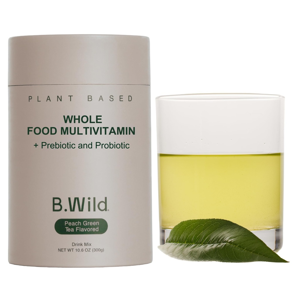 B.WILD Plant-Based Multivitamin Drink Mix – Refreshing Peach Green Tea with Prebiotics, Probiotics & Adaptogens for Gut Health & Stress Support – 30 Portionen – Vegan, Glutenfrei