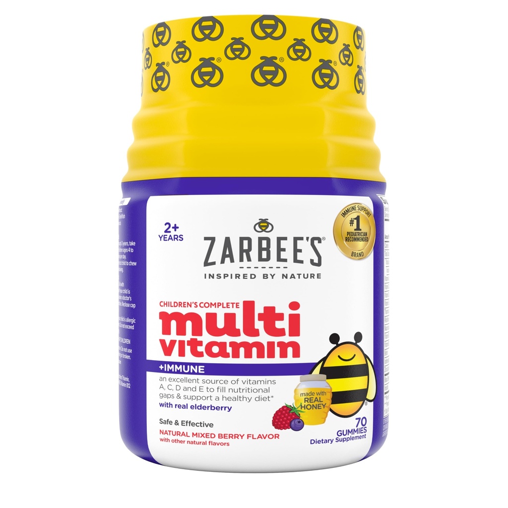 Zarbee’s Complete Kids Multivitamin Gummis + Immununterstützung, Berry Flavor, Honey-Sweetened, Gluten-Free & Gelatin-Free, Vitamine A, C, D3, E, B6, B12, Folsäure & B-Komplex, 70 Count
