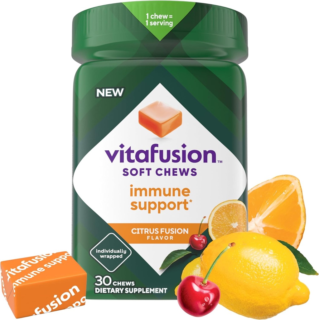 Vitafusion Soft Chews Immununterstützung (1), Adult Chewable Vitamin C für Immununterstützung, Individuell Wrapped, Citrus Fusion Flavor, 30 Chews, 30 Tage Versorgung