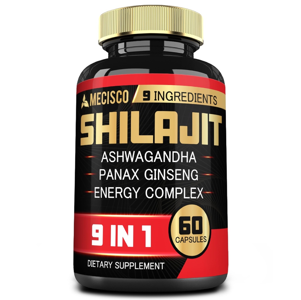 Integratore Shilajit con Ashwagandha Root, Panax Ginseng, L-Arginina, Chaga & More - Shilajit Pure Himalayan Organic - Immune System, Energy Production, Stamina & Comfortable Mood - 60 Capsule