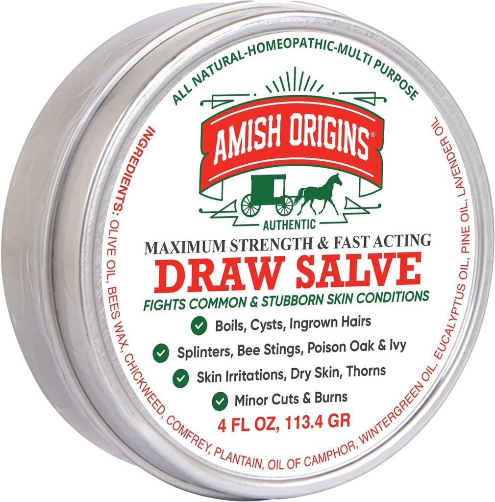 Amish Origins Zeichnen Salve Salbe, 4 Unze Maximale Stärke Fast Acting Draw Salve für Splinter, Boil, Bee Stings, Cyst, Anti Itch Cream, Made in USA