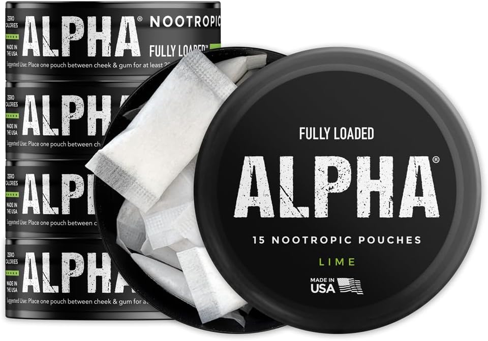 Fully Loaded Alpha Nootropic Pouches (Lime) - 5 Cans - 15 Pouches per can - Efficace consegna nootropica, Nic Pouch Sostituzione - Assorbimento più veloce, Alpha GPC, L-Tyrosine, GABA