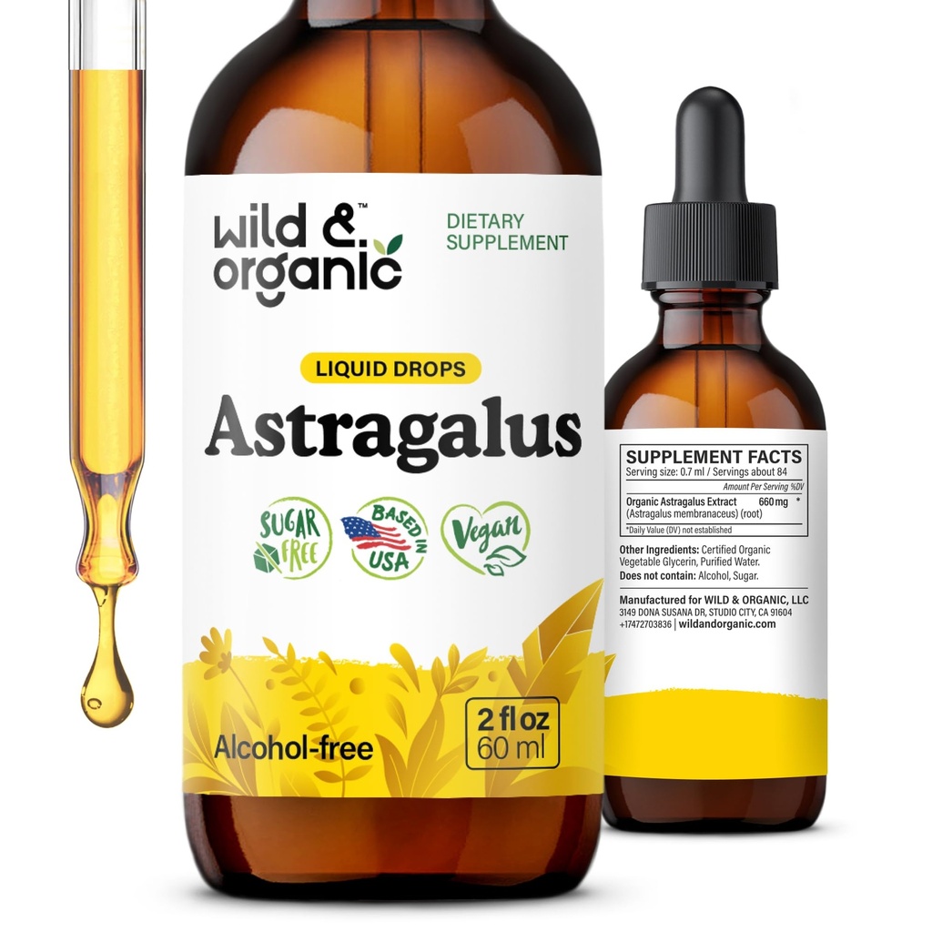 Wild & Organic Astragalus Tincture - Immun Support Drops w/Astragalus Root Extract - Kräuter-Ergänzung für Beruhigung & Entspannung - Vegan, Zucker & Alkohol frei - 2 fl oz
