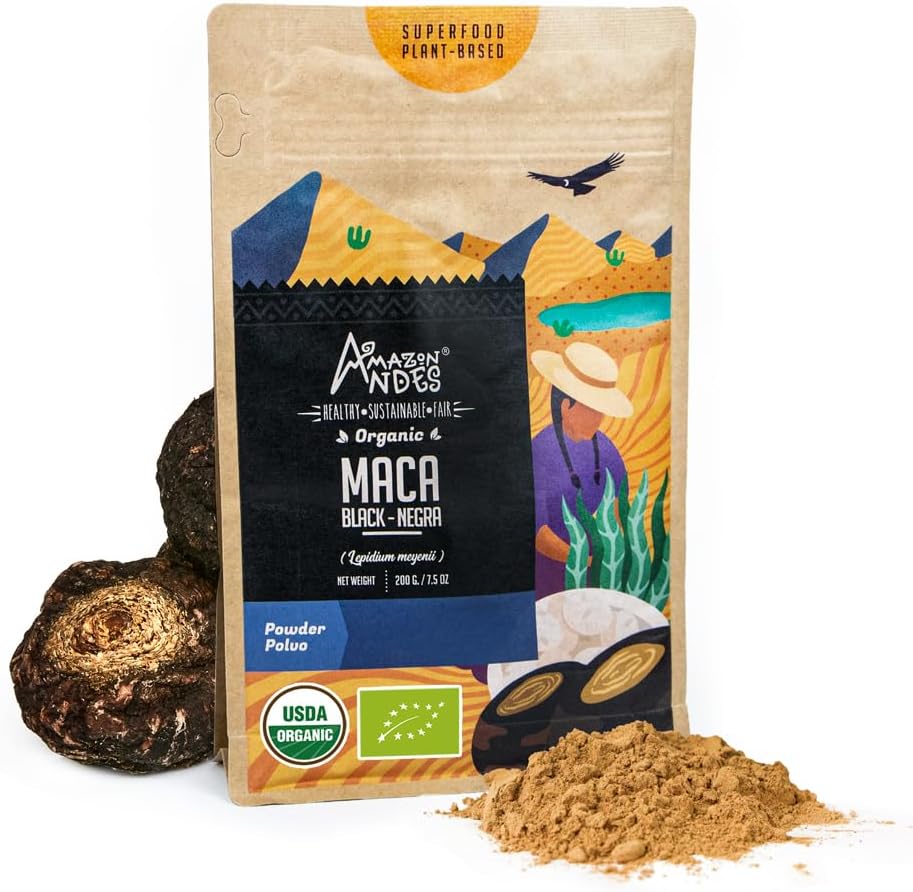 Andes Black Maca Root Powder (Lepidium meyenii) - contiene carboidrati e minerali - Adaptogen superfood & Health Promoter - Gelatinized, Vegan, Non-GMO & Allegen-free - 7 Ounce (40 Servings)