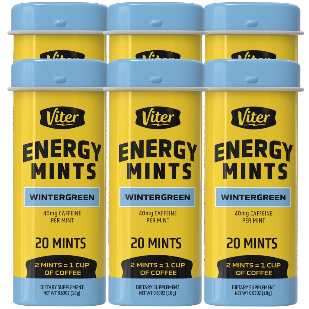 Viter Énergie Menthes caféinées 40mg Caféine, B Vitamines, sans sucre. (Hintergreen, 20pcs, 6 Pack)
