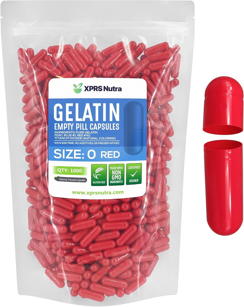 XPRS Nutra Size 0 Capsule Vuote - 1000 Conta Capsule Gelatini Vuoti - Pillole Riempimento Capsule fai da te - Pure Bovine Pill Gel Caps per Do-It-Yourself Supplements (rosso)