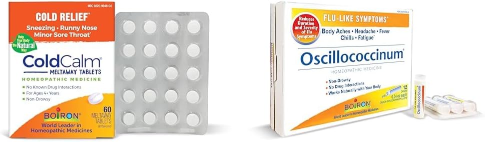 Boiron ColdCalm Tablets für Relief von Common Cold Symptoms wie Sneezing & Oscillococcinum für Relief von Flu-Like Symptoms of Body Aches, Headache, Fever, Chills und Fatigue - 12 Count