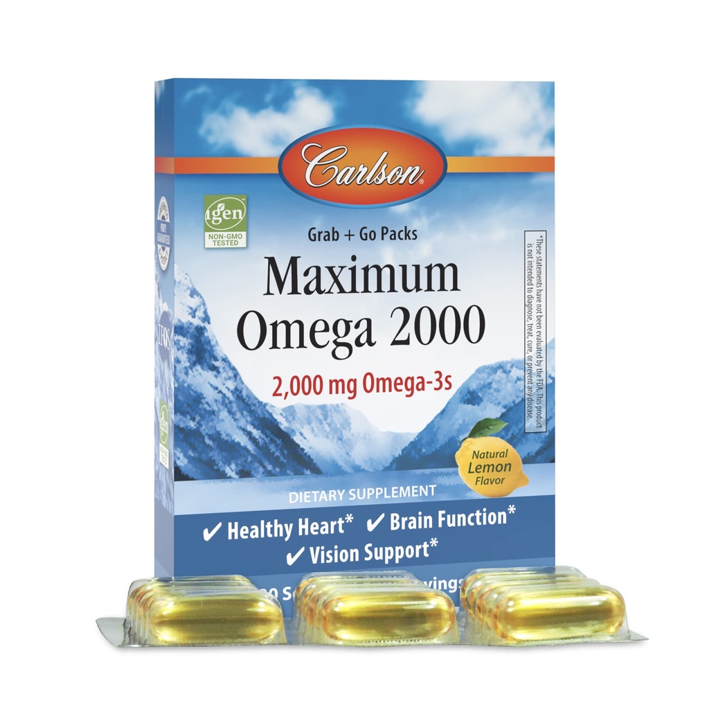 Carlson - Maximum Omega 2000 Grab + Go Packs, 2000 mg Omega-3s, Wild-Caught, Norwegian Fish Oil Supplement, Sustainably Sourced Fish Oil Capsules, Lemon, 30 Softgel Pack