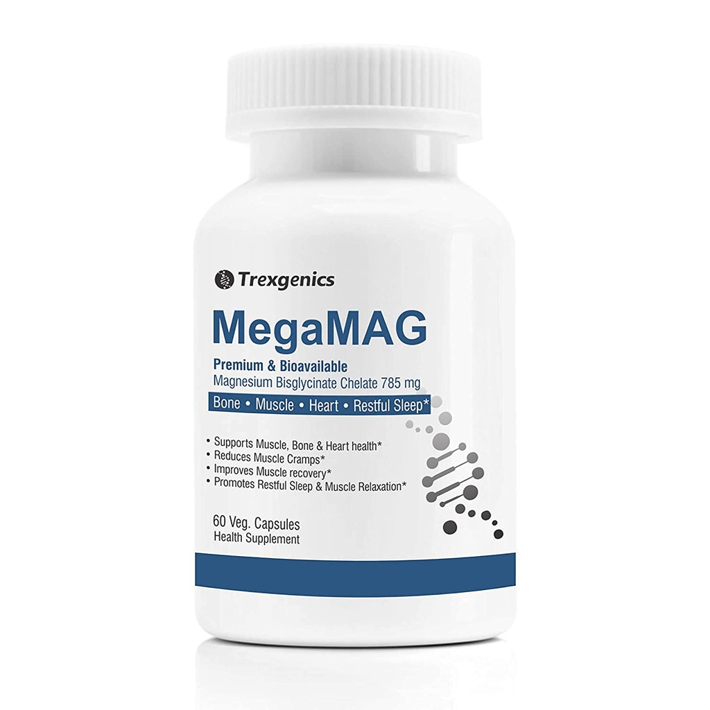 A.K. Trexgenics MegaMAG Magnesium Bisglycinate Elemental Magnesium 220 mg/2 Caps with Glycine Benefits - Most Bioavailable Magnesium for Sleep, Muscle, Bone & Heart Support (60 Veg. Capsules)
