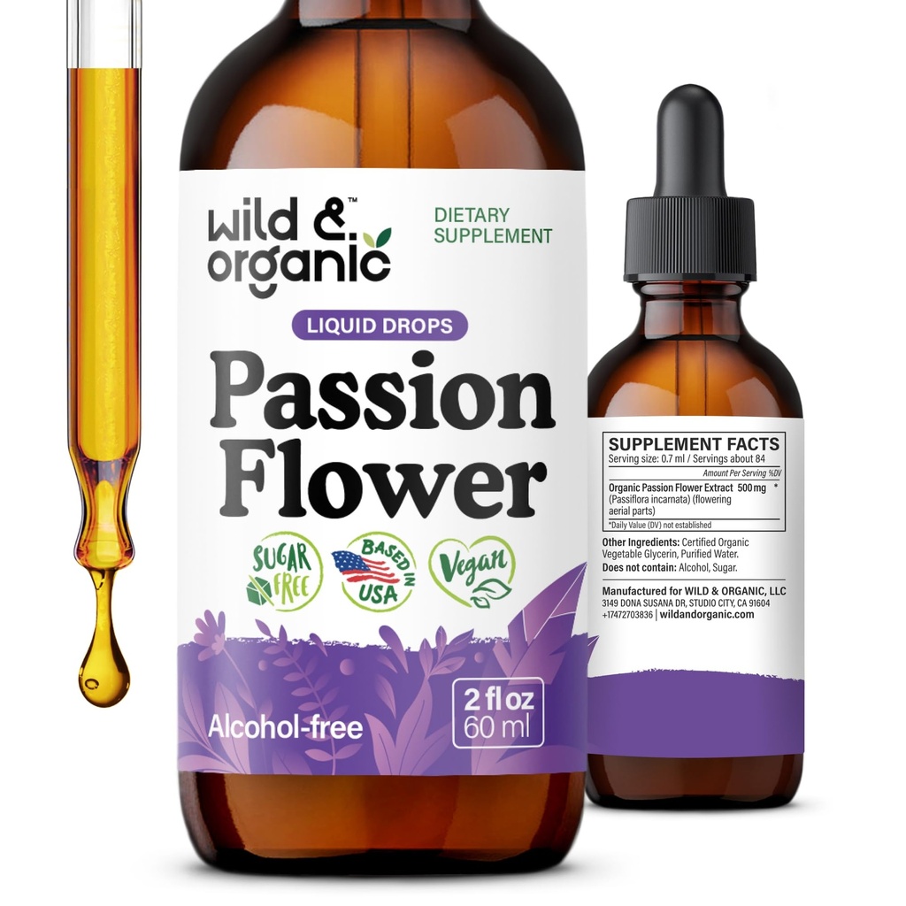 Teinture de fleurs de passion sauvage et biologique - Des gouttes de fleurs de passion relaxantes pour les femmes - Passiflora liquide Incarnata Herb - Vegan, sucre et extrait sans alcool - 2 fl oz