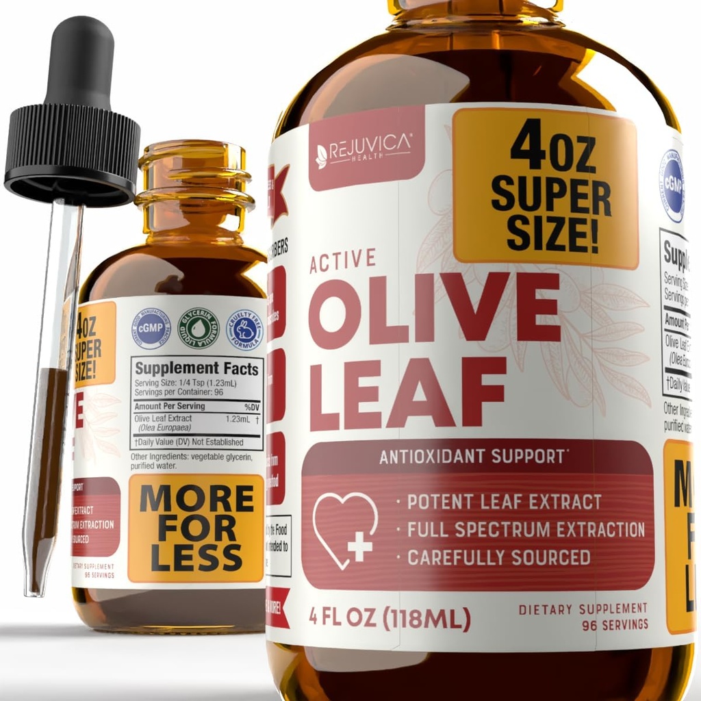 Rejuvica Santé Active Olive Leaf 4oz XL Teinture de taille super - Extrait liquide de feuille d'olive avancé - Oleuropein naturellement apparent - Immune et gouttes de soutien cardiaque