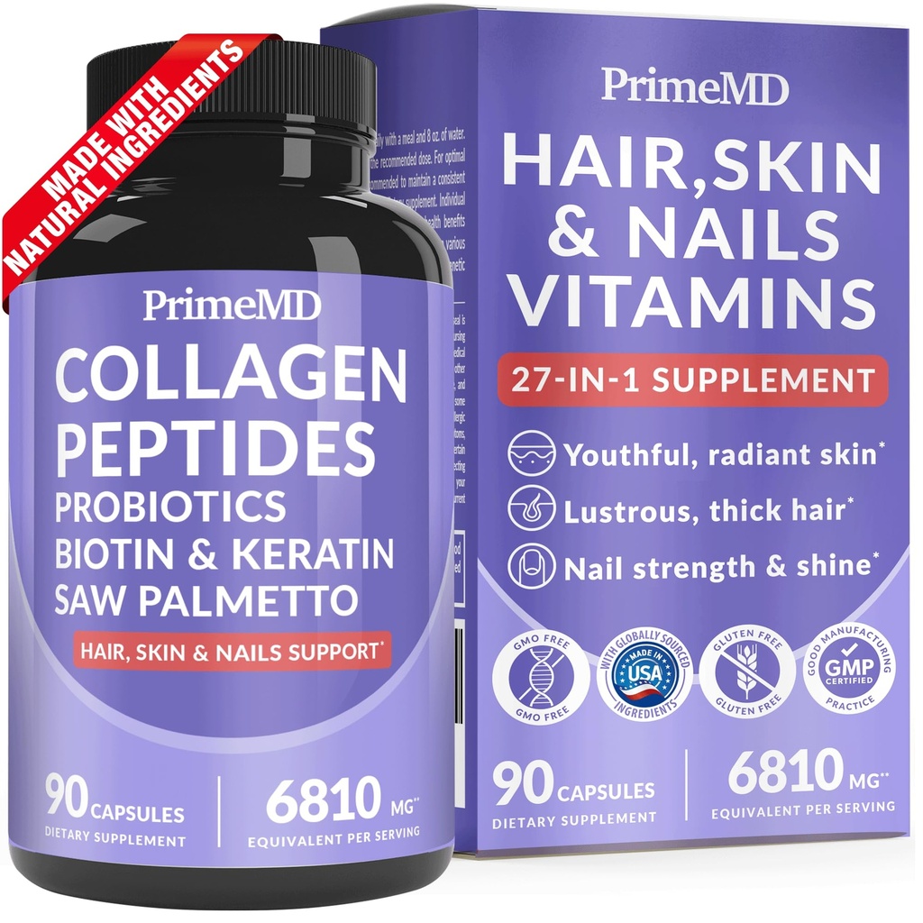 27-in-1 Capelli e Unghie Vitamine (6810mg) con Biotina 10000mcg - Integratori di Collageno per Uomini e Donne - Integratori di Cheratina con Probiotici e Sega Palmetto, 90ct