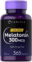 Carlyle Melatonin 300 mcg | 365 compresse | Low Dose | Vegetariano, Non OGM, Gluten Free