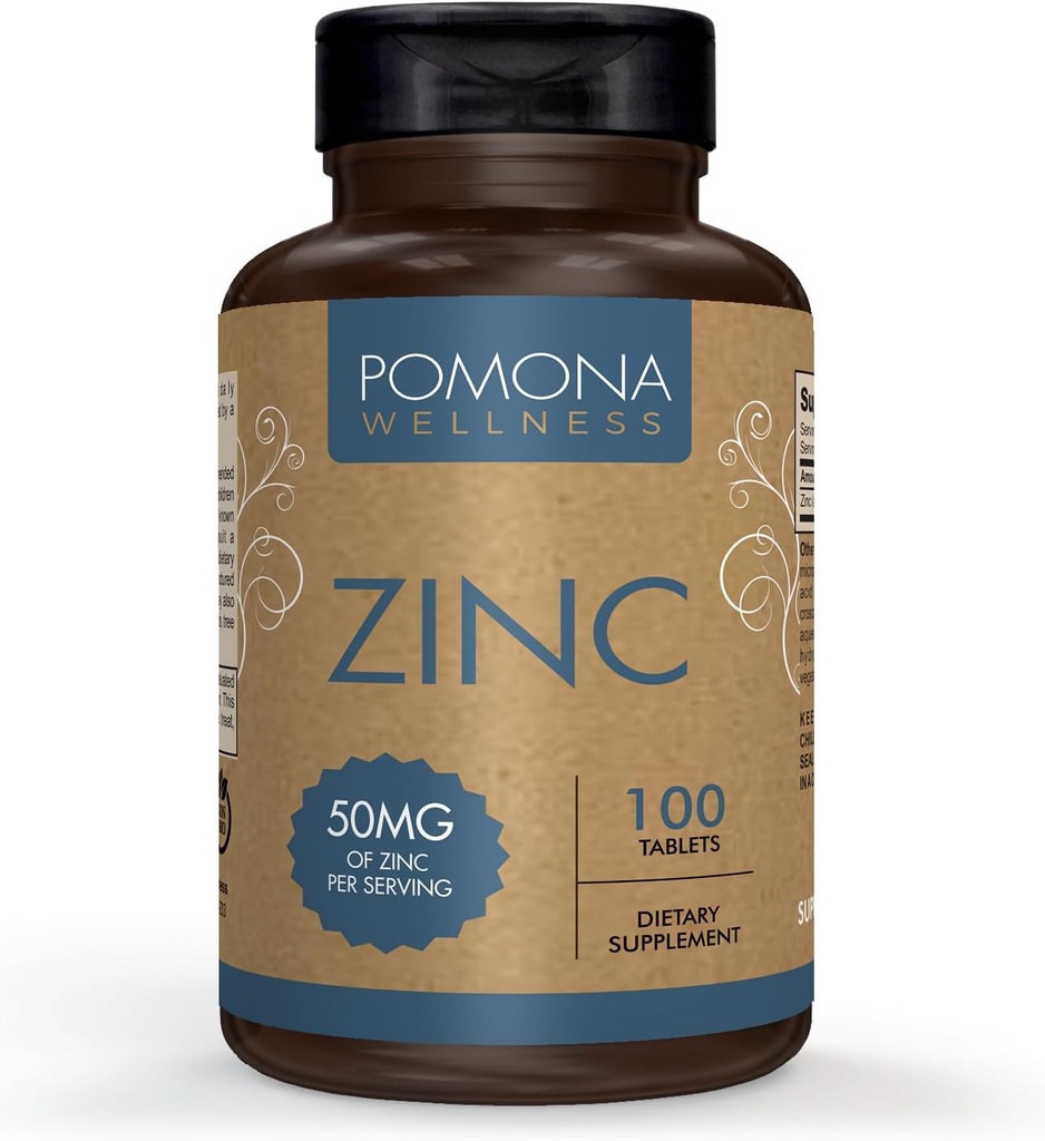 Pomona Wellness Zink-Ergänzungen für Erwachsene, 50mg, Hautgesundheit und Immununterstützung, leicht zu schlucken, für Antioxidans und allgemeine Gesundheit, Vegan, Non-GMO, 100 Tabletten