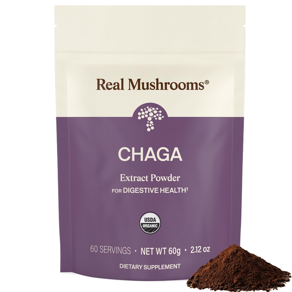 Polvere di funghi reali Chaga Mushroom – Estratto di Chaga Organico da corpo di fruttificazione – per il supporto giornaliero di benessere & energia – Vegan, Non-GMO, 60 Servings Mushroom Supplement