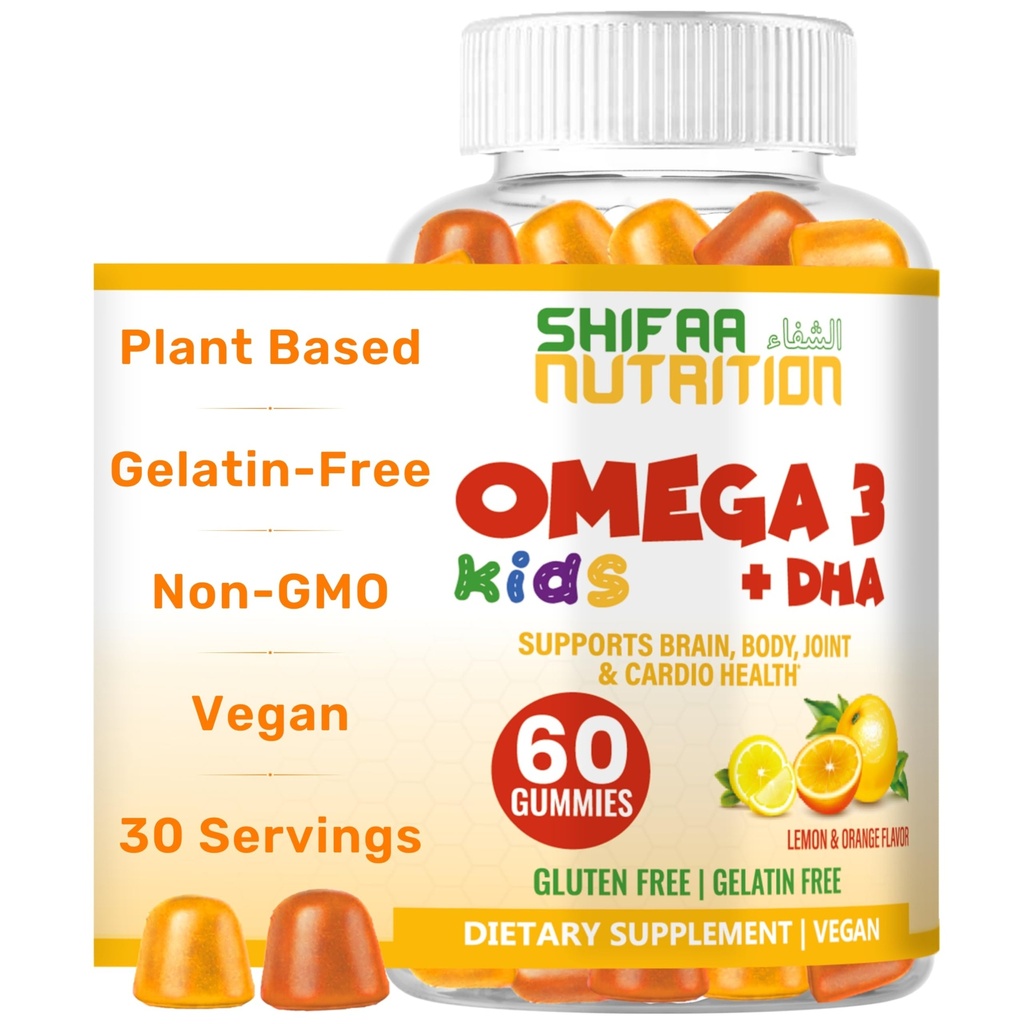 SHIFAA NUTRITION Halal Omega 3 per bambini con DHA Gummies per lo sviluppo del cervello, cuore e supporto immunitario, pianta-based, non OGM, Algae-Based DHA, Gluten & Gelatin-Free Kids Omega 3 Gummies, 30 Servings