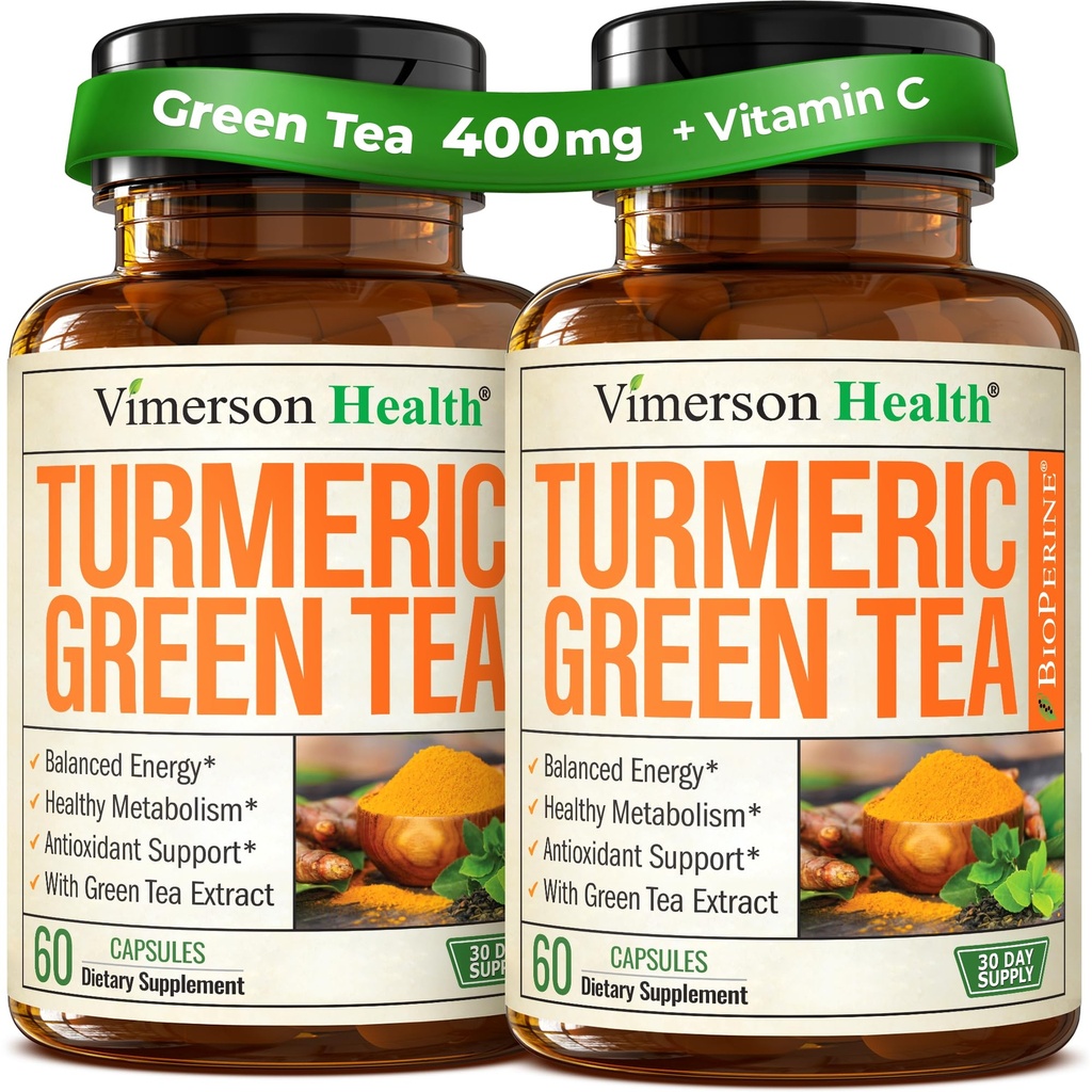 Kurkuma Ergänzung mit Grüner Tee-Extrakt (ECGC) & Vitamin C für Gelenke Gesundheit, Energie & Entzündung Balance - Bio-trauisches Curcumin mit schwarzem Pfeffer - Glutenfrei, Non-GMO. 2-Pack