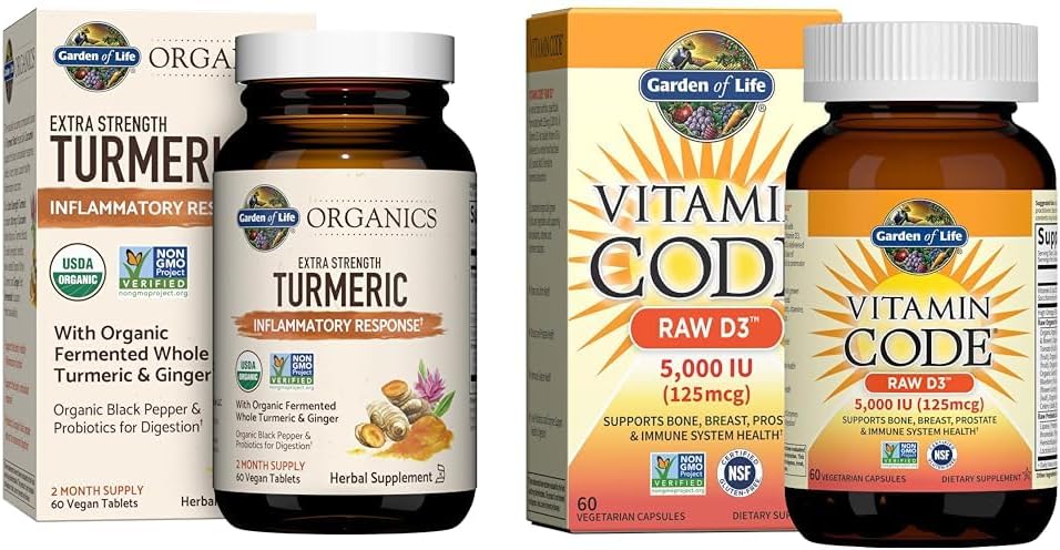Garten des Lebens Kurkuma Entzündungsreaktion & Vitamin D3 Rohe ganze Nahrungsergänzungsmittel, 60 Tabletten & 60 Kapseln