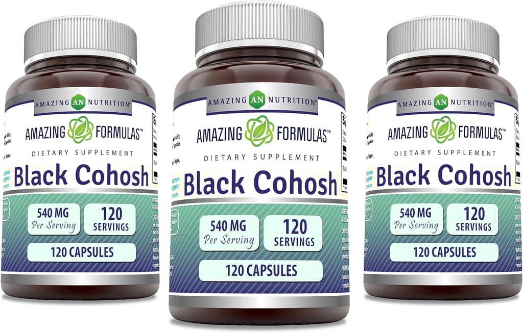 Formules étonnantes Black Cohosh 540mg 120 Capsule Supplément , sans OGM , sans gluten , Fabriqué aux États-Unis (3 Pack)
