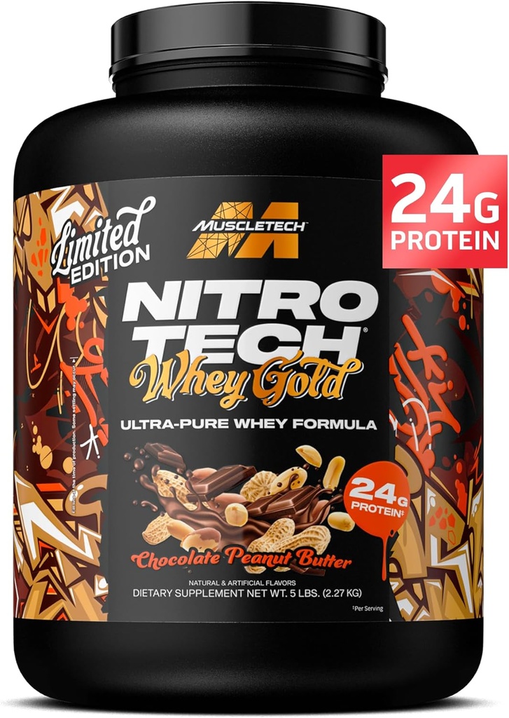 MuscleTech Poudre de protéines de lactosérum (Beurre d'arachide chocolatée, 5LB) - Mélange de protéines de lactosérum de lactosérum de lactosérum de lactosérum de lactosérum de lactosérum - 24g de protéines d'or de lactosérum pour les femmes et les hommes - Sans gluten