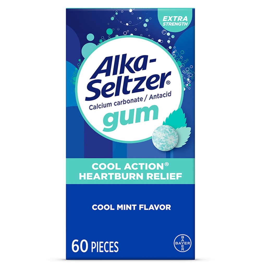 Alka-Seltzer Cool Action Heartburn Relief Gum, Extra Strength Antacid Gum, Säure Verdauung und Upset Stomach Relief, Kein Chalky Geschmack, Cool Mint Flavor, 60 Count
