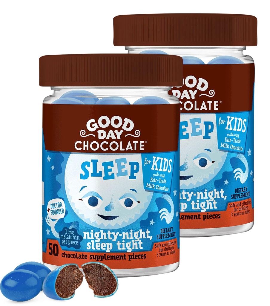 Good Day Chocolate Mélatonine pour les enfants [2 Pack] - Commerce équitable Chocolat non OGM avec la camomille et la mélatonine 1 mg - Mélatonine pour les enfants, aide naturelle au sommeil pour les enfants de 3 ans et plus