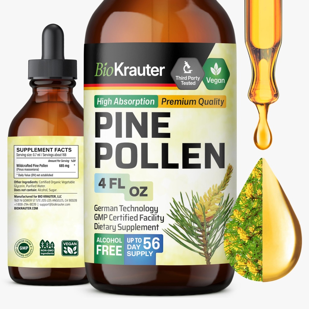 Tintura di polline di pino di BIO KRAUTER - Estratto di liquido di polvere di polline di pino per il supporto immunitario - Integratore naturale naturale di alcool e zucchero - 4 Fl.Oz.