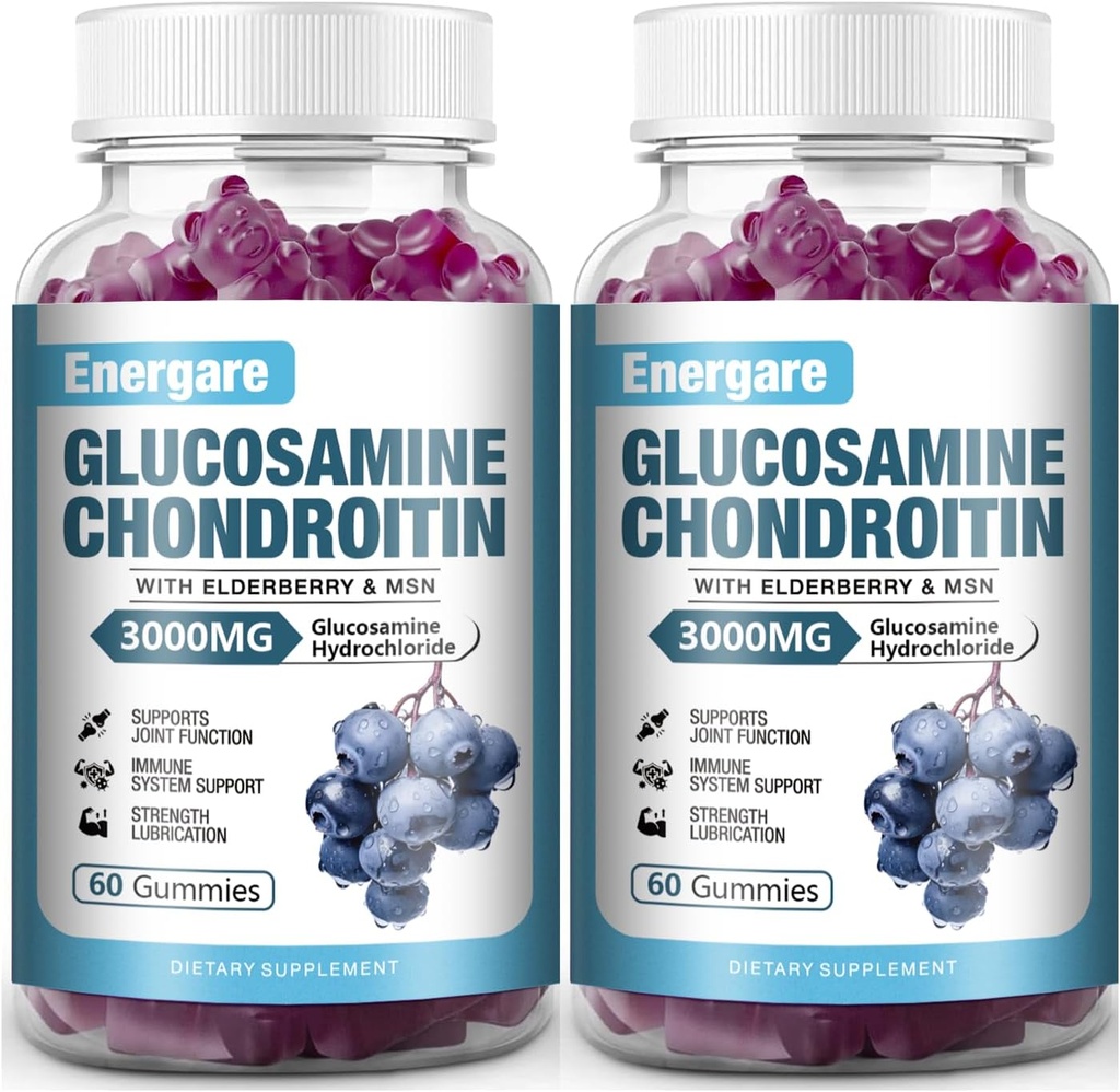 2 Pack 3000mg Glucosamin Chondroitin mit MSM Gummis & Elderberry, Extra Strength Joint Support Gesundheit, Flexibilität, Antioxidans, Immun Supplement Gummy für Erwachsene, Männer & Frauen 120 Zähler