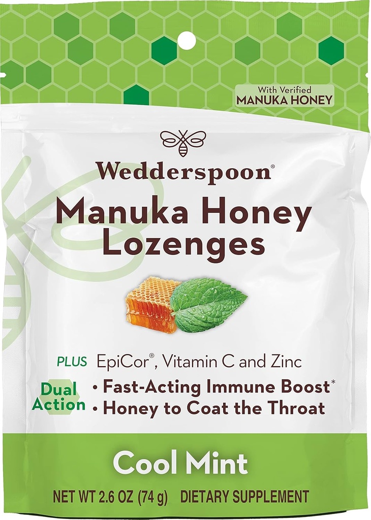 Wedderspoon Manuka Honey Immunity Lozenges, Cool Mint, 2,6 Oz (paquet de 1), véritable miel néo-zélandais, stimuler l'immunité en deux heures