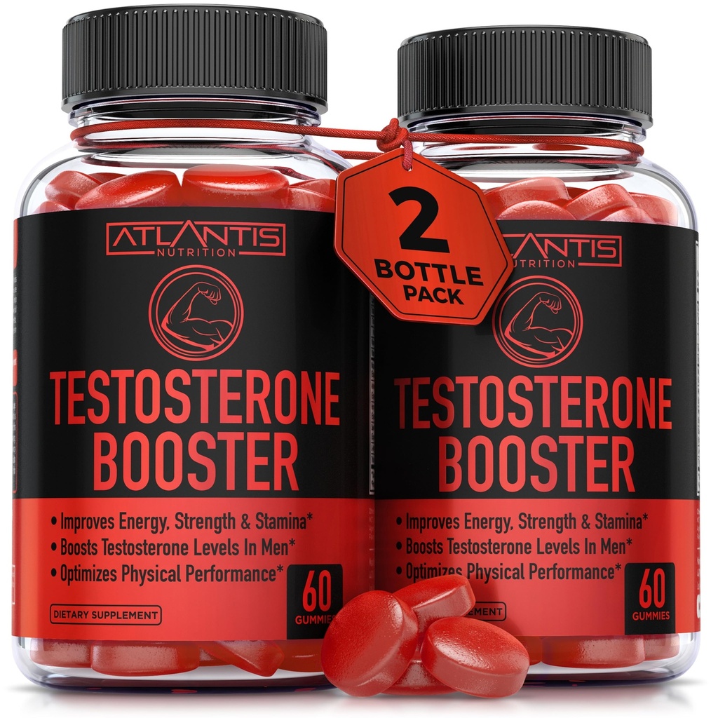 Atlantis Nutrition Testostérone Booster Gummies pour les hommes - Améliore la force et l'endurance - Optimise la performance et l'amélioration masculine - Fait avec Tribulus, l'herbe de chèvre en chaleur, Maca Root (120 Gummies)