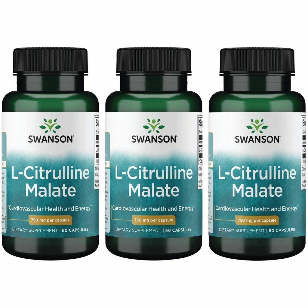 Swanson L-Citrulline Malate - Aminosäure-Ergänzung Förderung der Energieproduktion & Gesunde Blutzirkulation - Natürliche Formel Unterstützung Gesamt Wellness - (60 Kapseln, 750mg Jeder) (3 Packung)