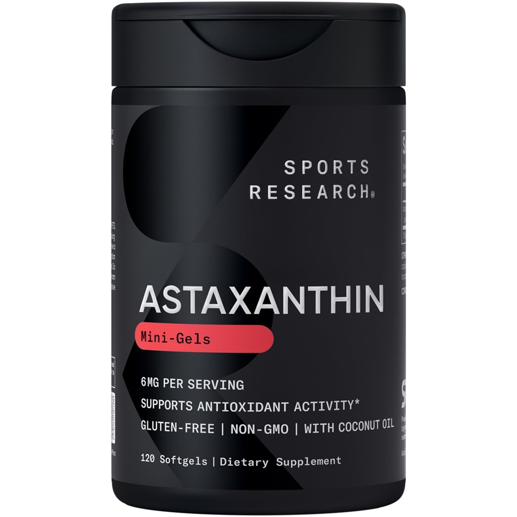 Sport Research Triple Strength Astaxanthin Supplement (6mg) avec de l'huile de coco biologique pour l'activité antioxydante, la peau et le soutien de la santé oculaire - Non-OGM Vérifié et sans gluten - 120 Softgels