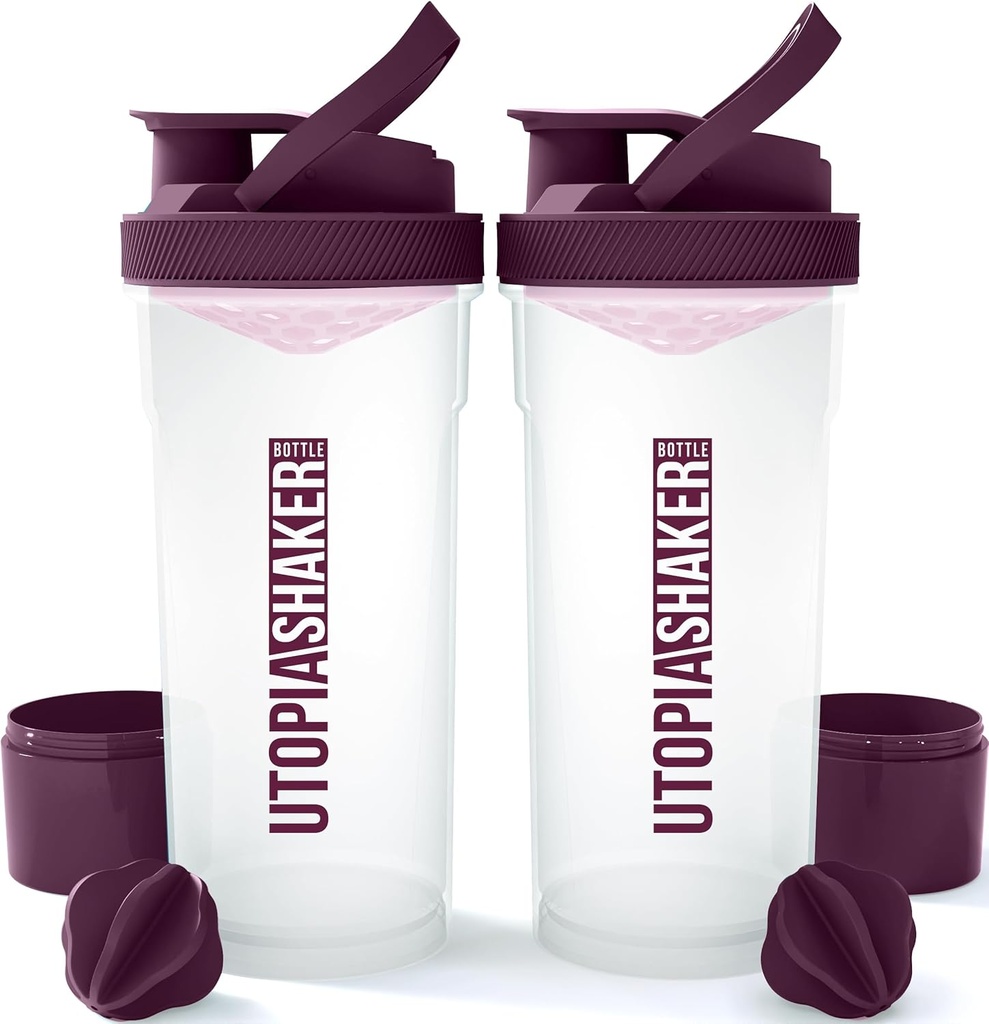 Utopia Home Shaker Bouteille 2 Pack - 24 Ounce Plastic Protein or Cocktail Shaker Bouteille pour pré-entraînement et post-entraînement avec Twist & Lock Protein Box Storage (Clear/Plum)