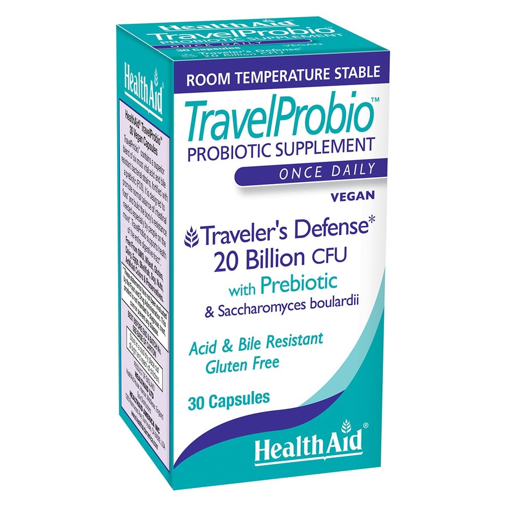 HealthAid TravelProbio 20 milliards CFU Probiotic – Saccharomyces boulardii + Prébiotique (FOS), Acid & Bile-Resistant – Une fois végane quotidienne, sans gluten, stable dans la chambre – Soutien digestif voyage