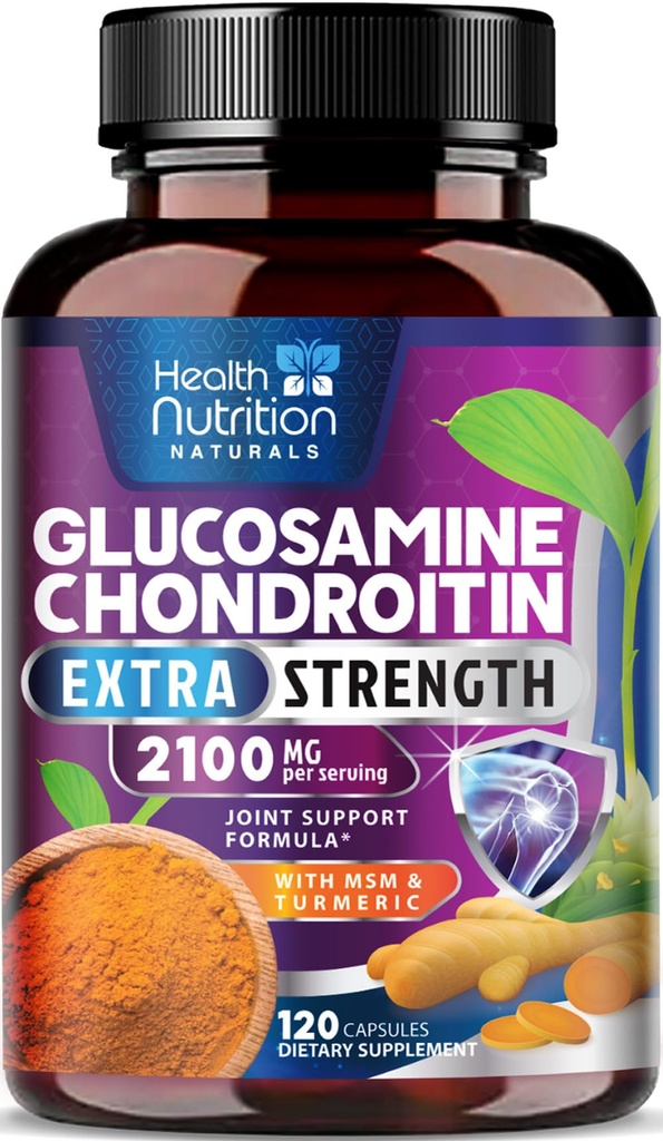 Glucosamin Chondroitin 2100mg - 3X Strength Joint Support Supplement mit MSM, Glucosamine Sulfate, Turmeric, Boswellia, Quercetin für Cartilage, Flexibilität & Mobilität, Bottled in USA, 120 Kapseln