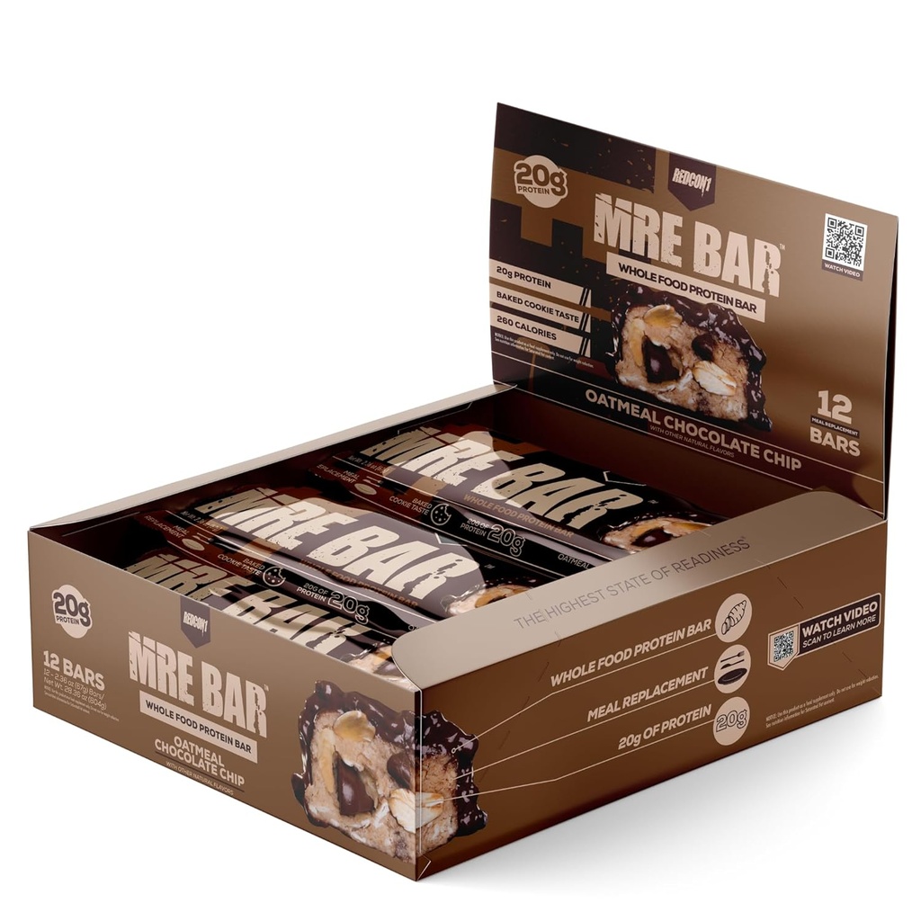 REDCON1 MRE Protein Bar, Oatmeal Chocolate Chip - Contiene olio MCT + 20g di Whole Food Protein - Facilmente Digeribile, Macro Balanced Low Sugar Meal Sostituzione Bar (12 Bar)